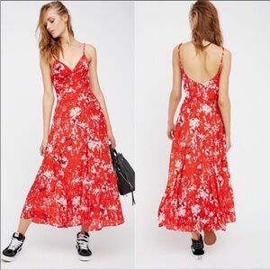 C Free People x Lily and Lionel Red Floral Strap Maxi Women’s Dress XS NWOT